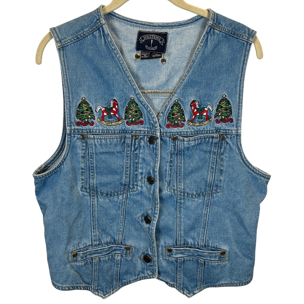 90s Denim Christmas Vest Rocking Horse Tree Blue Medium Sweater Cottage Vintage